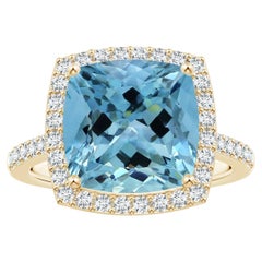 Angara Gia Certified Aquamarine Halo Ring in Yellow Gold with Diamond Accents