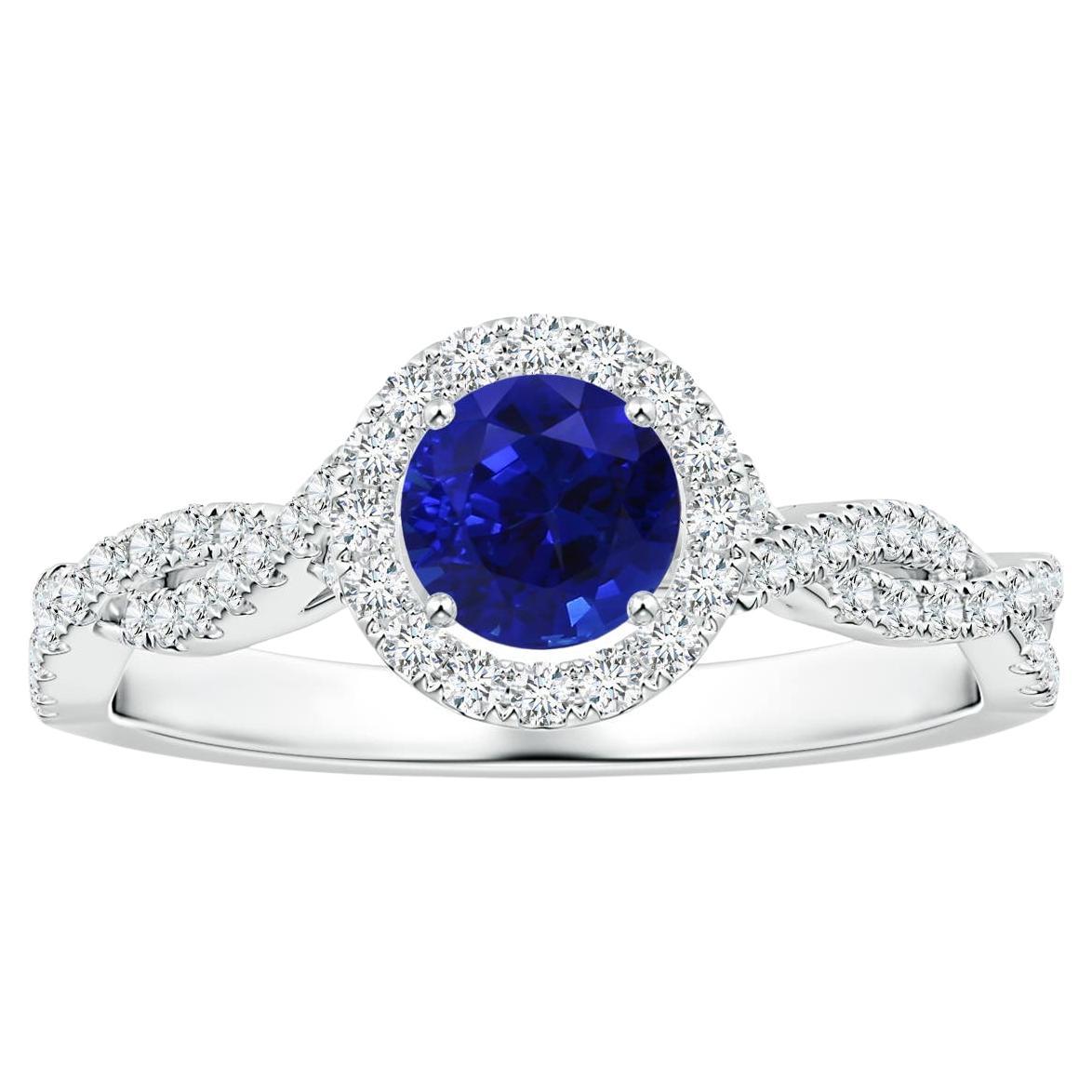 For Sale:  ANGARA GIA Certified Blue Sapphire & Diamond Halo Twist Shank Ring in Platinum