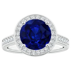 Angara Gia Certified Blue Sapphire Halo Ring in Platinum with Diamonds