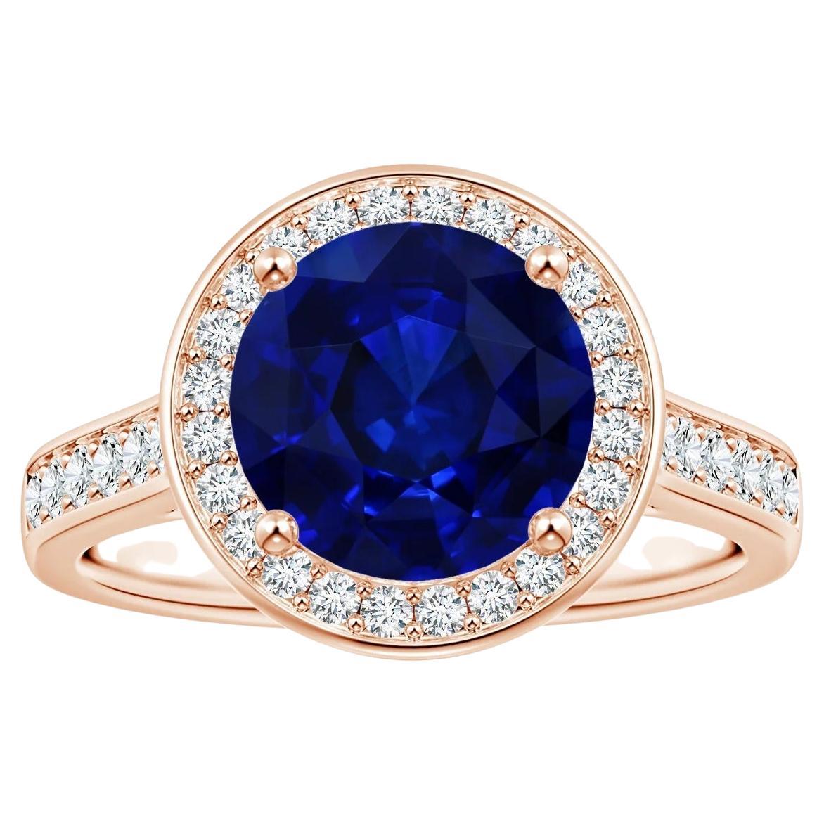 For Sale:  Angara Gia Certified Blue Sapphire Halo Ring in Rose Gold with Diamonds