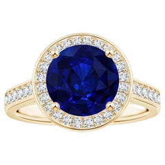 Angara GIA zertifizierter blauer Saphir-Halo-Ring aus Gelbgold mit Diamanten