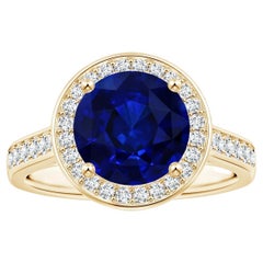 Angara Bague en or jaune avec halo de saphirs bleus certifiés GIA et diamants