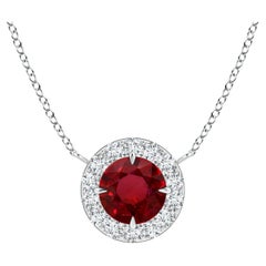 Angara GIA Certified Claw-Set Natural Ruby Halo Platinum Pendant Necklace