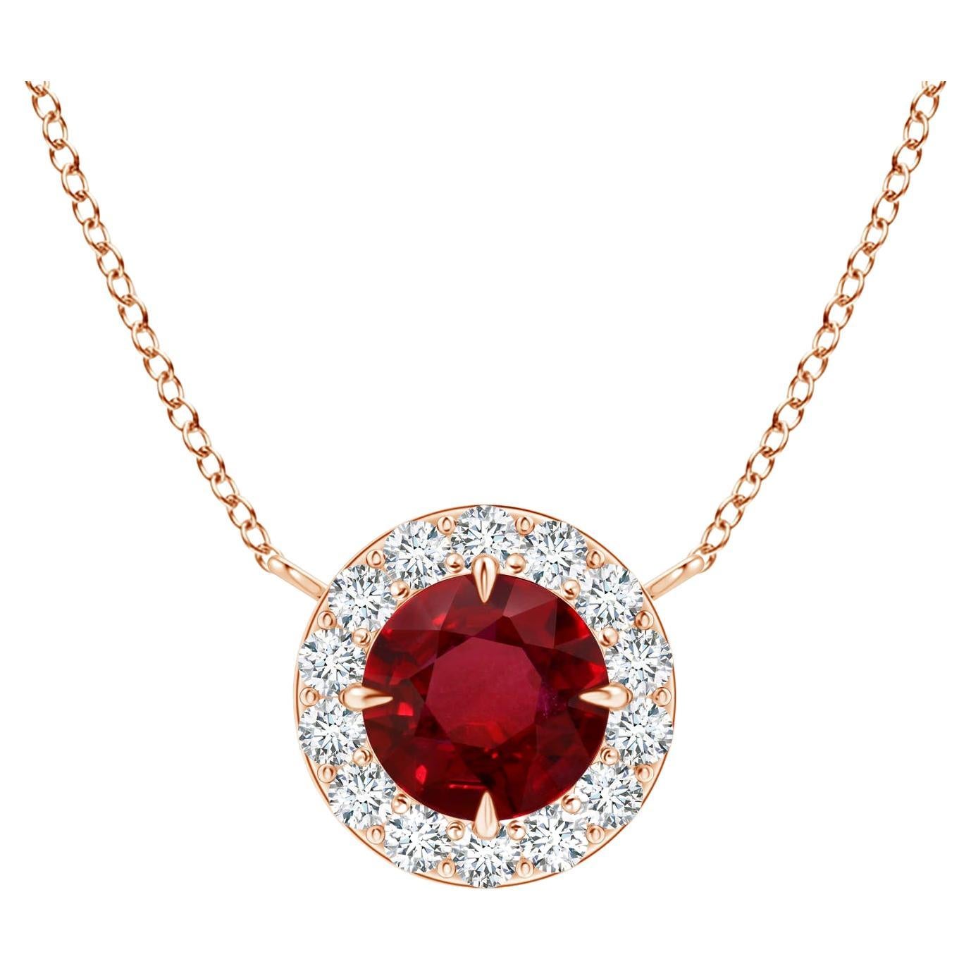 ANGARA GIA Certified Claw-Set Natural Ruby Halo Rose Gold Pendant Necklace For Sale