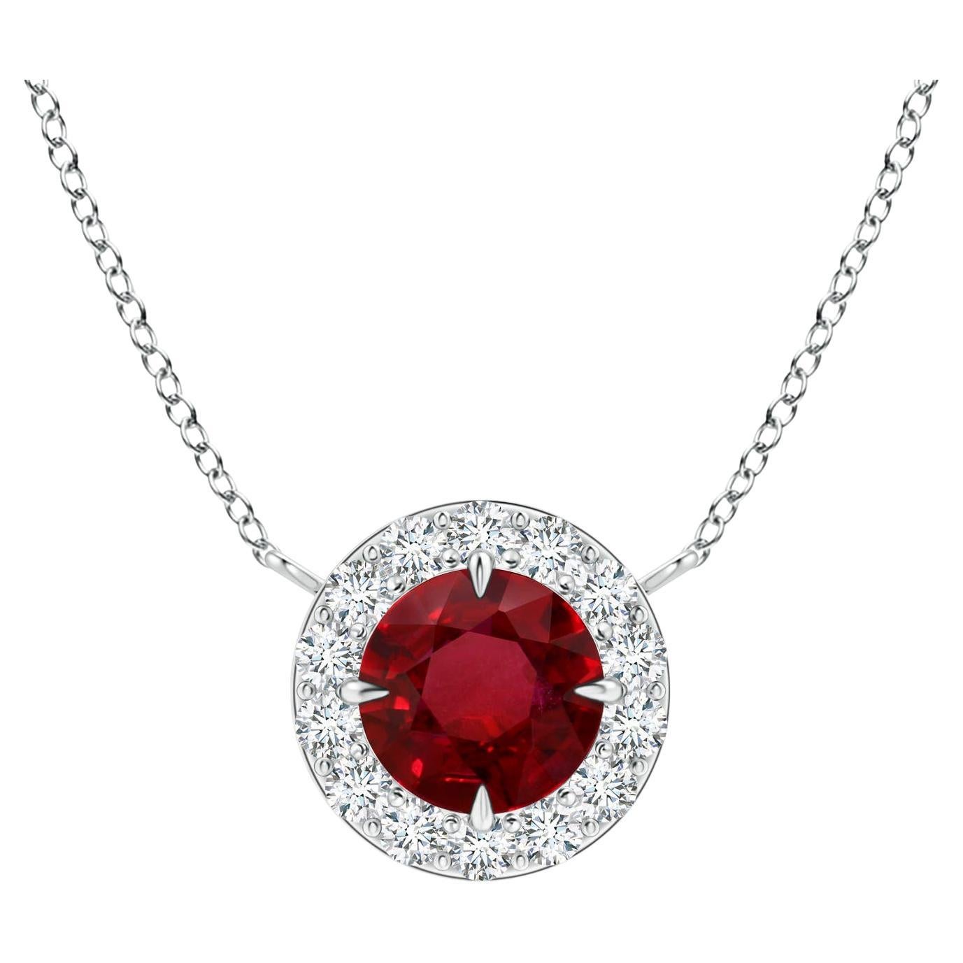 Angara GIA Certified Claw-Set Natural Ruby Halo White Gold Pendant Necklace