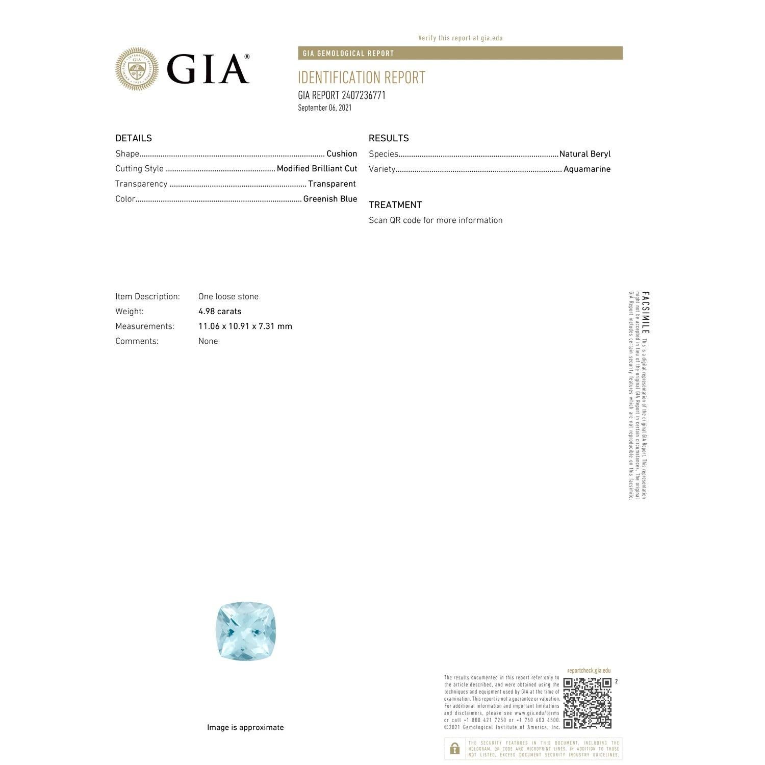 En vente :  ANGARA Bague solitaire aigue-marine coussin certifiée GIA en platine 3