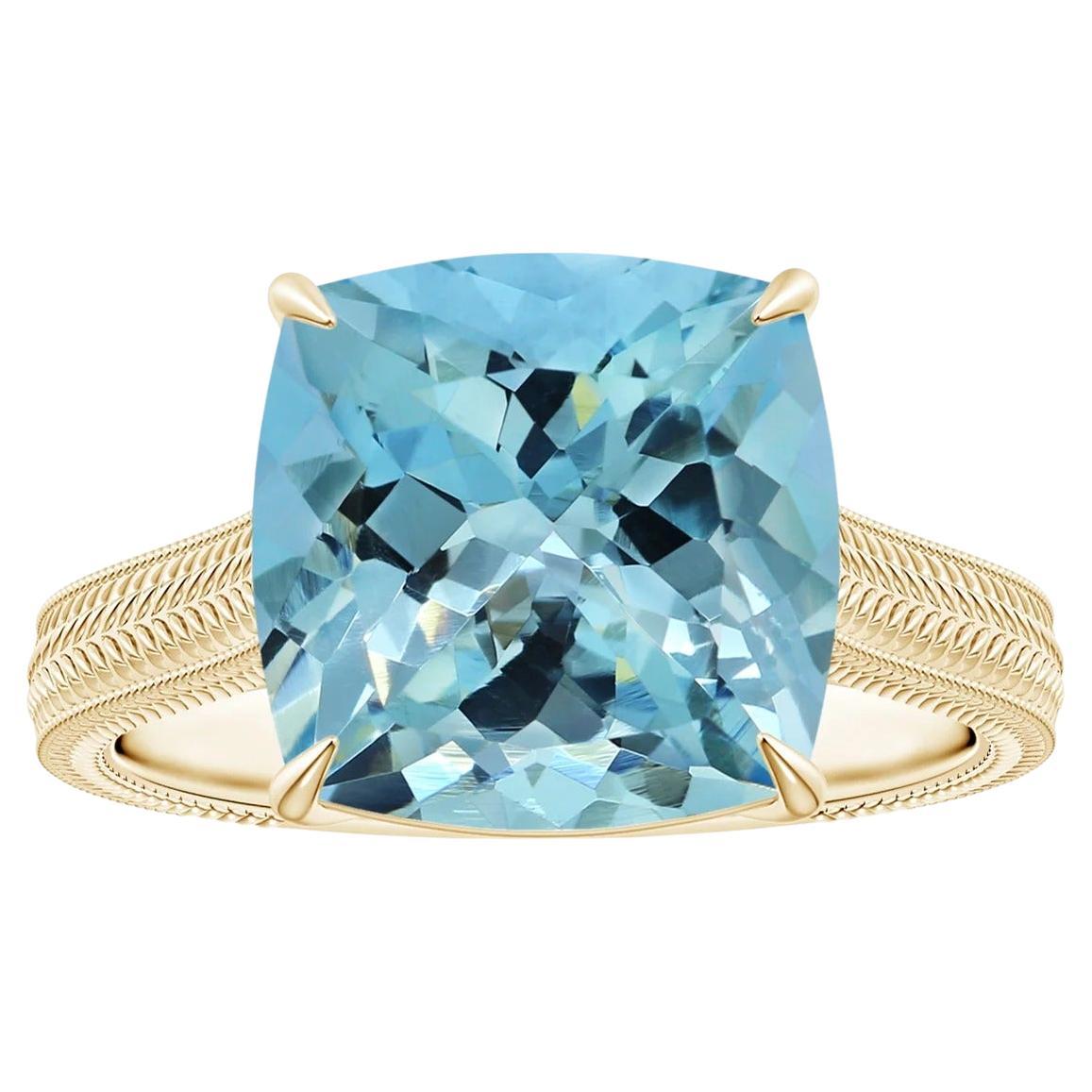 For Sale:  ANGARA GIA Certified Cushion Aquamarine Solitaire Ring in Yellow Gold