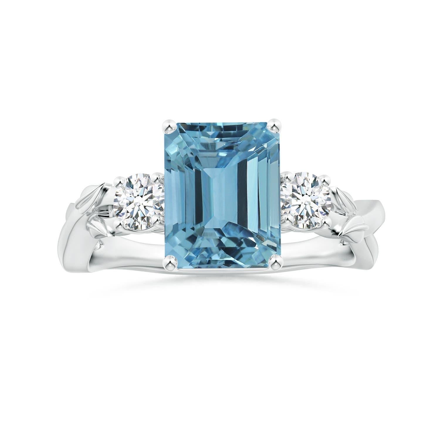 For Sale:  Angara Gia Certified Emerald-Cut Aquamarine 3-Stone Diamond Ring in Platinum