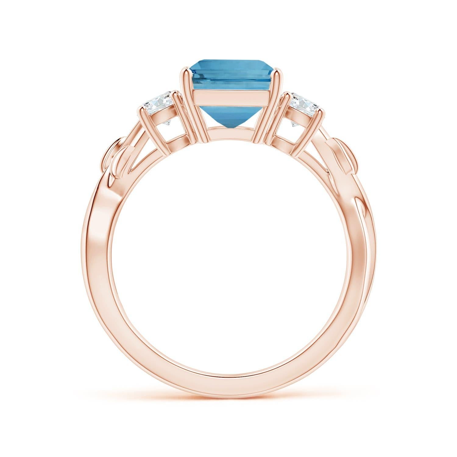 For Sale:  Angara Gia Certified Emerald-Cut Aquamarine 3-Stone Diamond Ring in Rose Gold 2