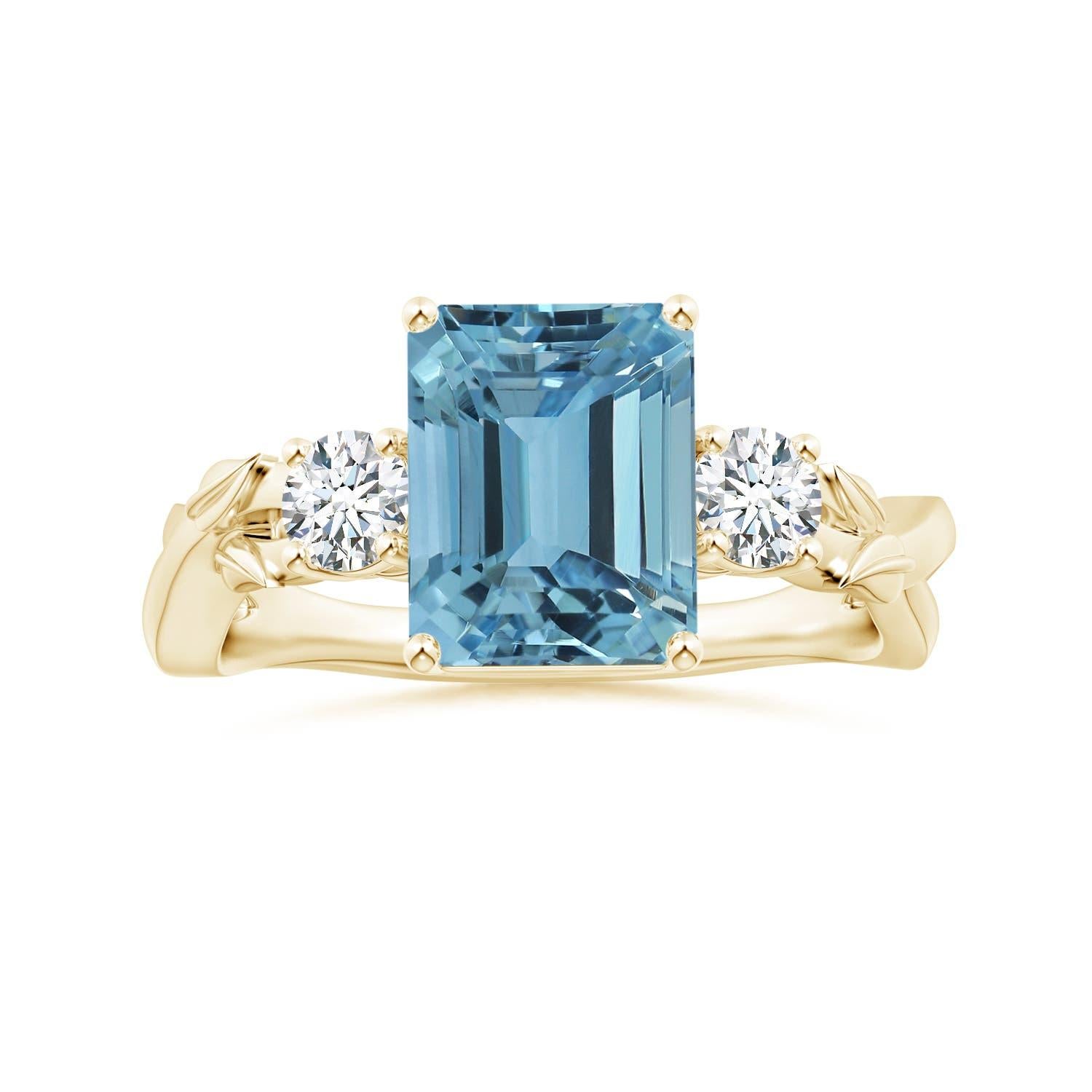 For Sale:  ANGARA GIA Certified Emerald-Cut Aquamarine 3-Stone Diamond Ring in Yellow Gold