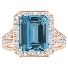ANGARA GIA Certified Emerald-Cut Aquamarine Halo Split Shank Ring in Rose Gold