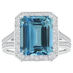 ANGARA GIA Certified Emerald-Cut Aquamarine Halo Split Shank Ring in White Gold