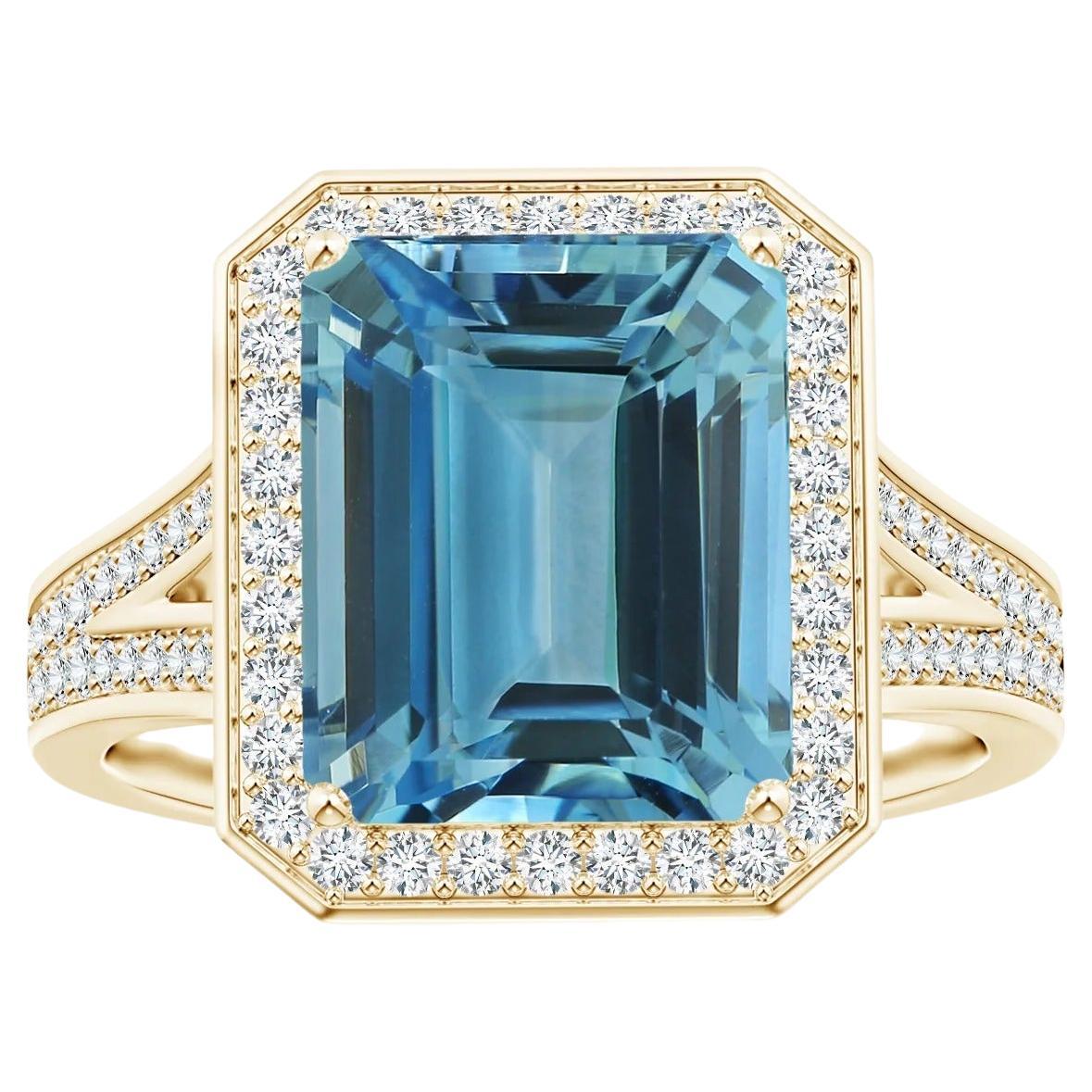 For Sale:  Angara Gia Certified Emerald-Cut Aquamarine Halo Split Shank Ring in Yellow Gold