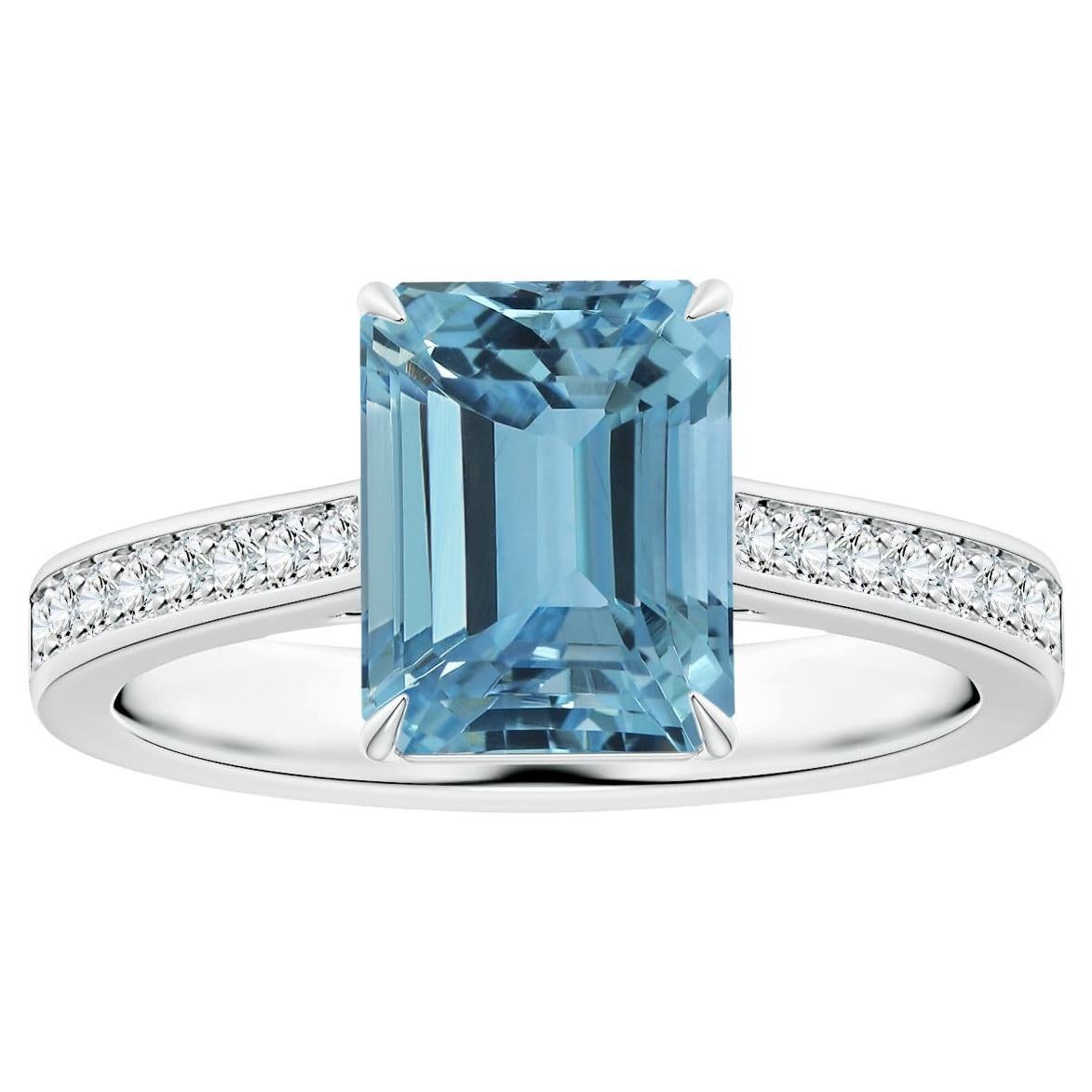 For Sale:  ANGARA GIA Certified Emerald-Cut Aquamarine Ring in Platinum with Diamond Shank