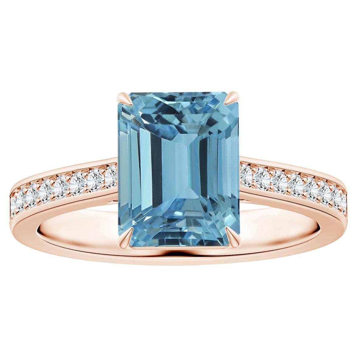 Angara Gia Certified Emerald-Cut Aquamarine Ring in Rose Gold with Diamond Shank