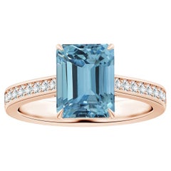 Angara Gia Certified Emerald-Cut Aquamarine Ring in Rose Gold with Diamond Shank