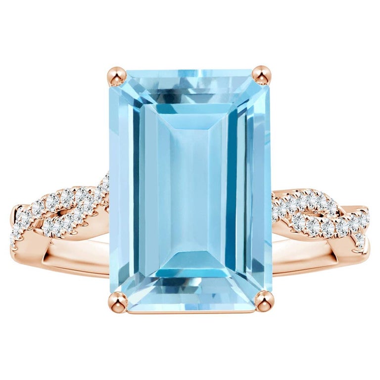 Customizable Angara GIA Certified Emerald-Cut Aquamarine Ring in Rose Gold  with Diamond Shank For Sale at 1stDibs