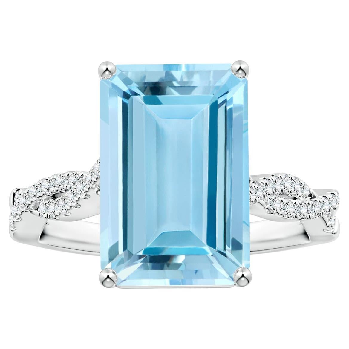 Angara Gia Certified Emerald-Cut Aquamarine White Gold Ring with Diamond Shank