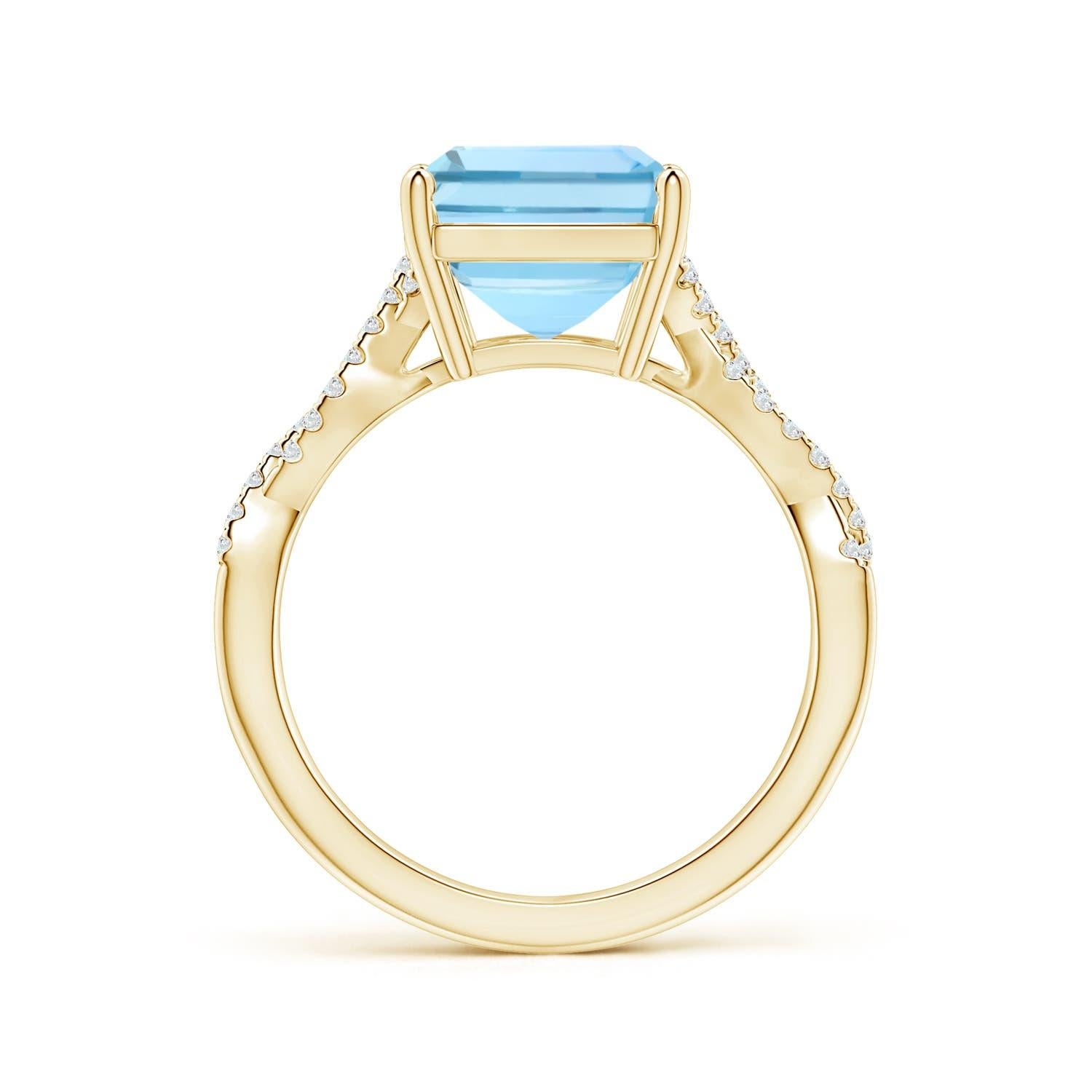 For Sale:  Angara GIA Certified Emerald-Cut Aquamarine Yellow Gold Ring with Diamond Shank 2
