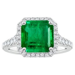 Angara Gia Certified Emerald-Cut Emerald Ring in Platinum with Diamond Halo
