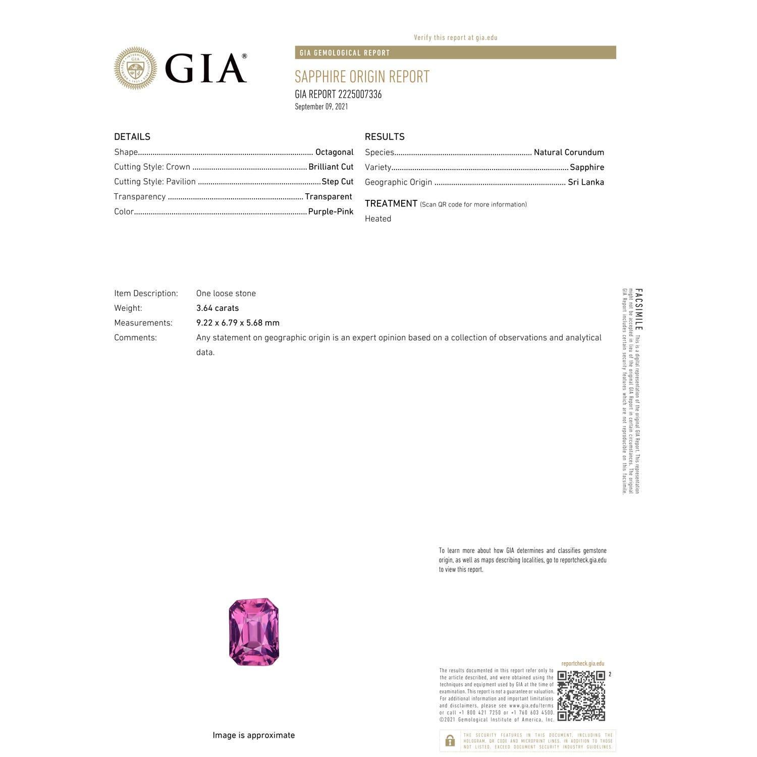 For Sale:  ANGARA GIA Certified Emerald-Cut Pink Sapphire Solitaire Ring in Platinum 3