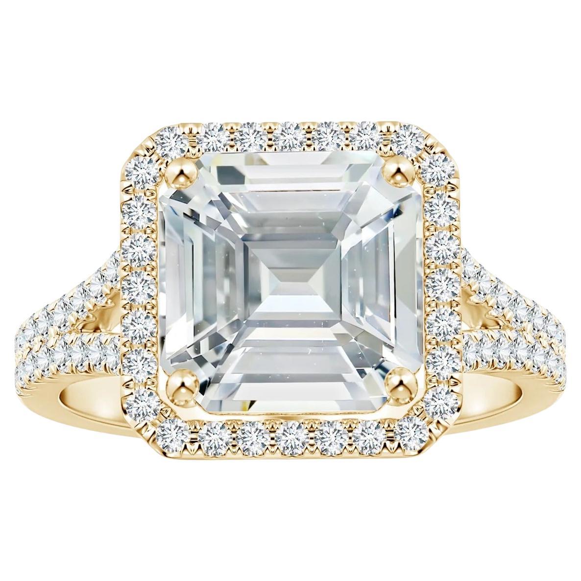 ANGARA GIA Certified Emerald-Cut White Sapphire Halo Ring in Yellow Gold