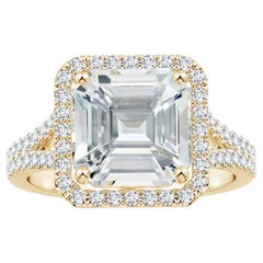ANGARA GIA Certified Emerald-Cut White Sapphire Halo Ring in Yellow Gold