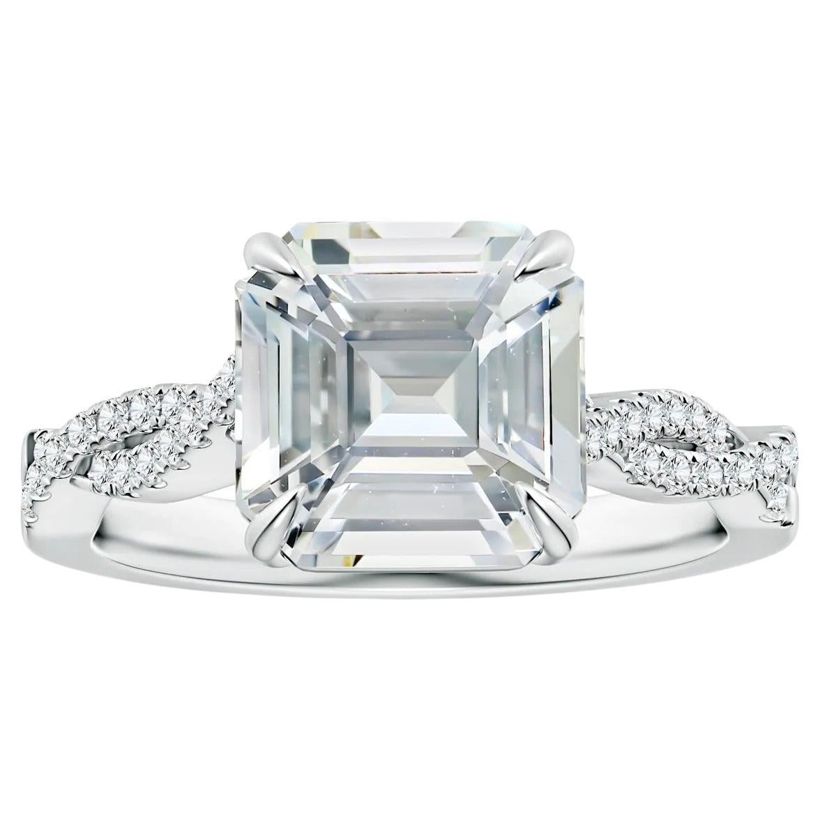 For Sale:  Angara Gia Certified Emerald-Cut White Sapphire Twist Shank Ring in Platinum