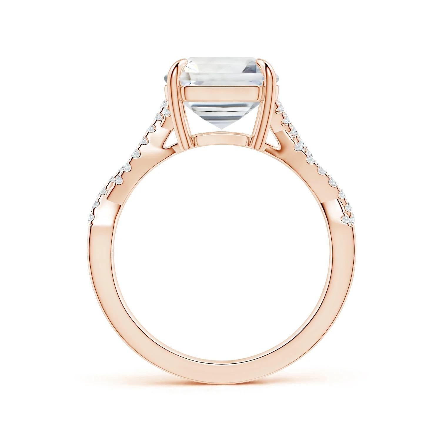 For Sale:  Angara GIA Certified Emerald-Cut White Sapphire Twist Shank Ring in Rose Gold 2