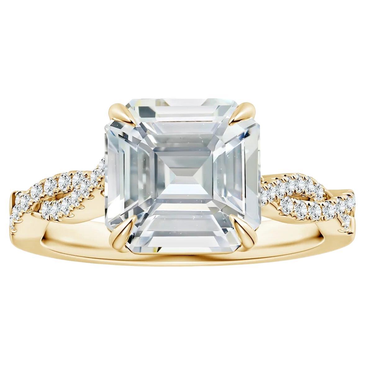 For Sale:  Angara GIA Certified Emerald-Cut White Sapphire Twist Shank Ring in Yellow Gold