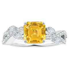 Angara Gia Certified Emerald-Cut Yellow Sapphire Diamond Ring in White Gold