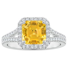 ANGARA GIA Certified Emerald-Cut Yellow Sapphire Halo Ring in White Gold 