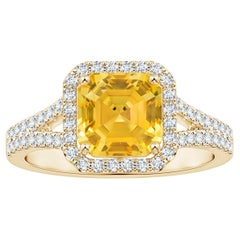 Angara Gia Certified Emerald-Cut Yellow Sapphire Halo Ring in Yellow Gold