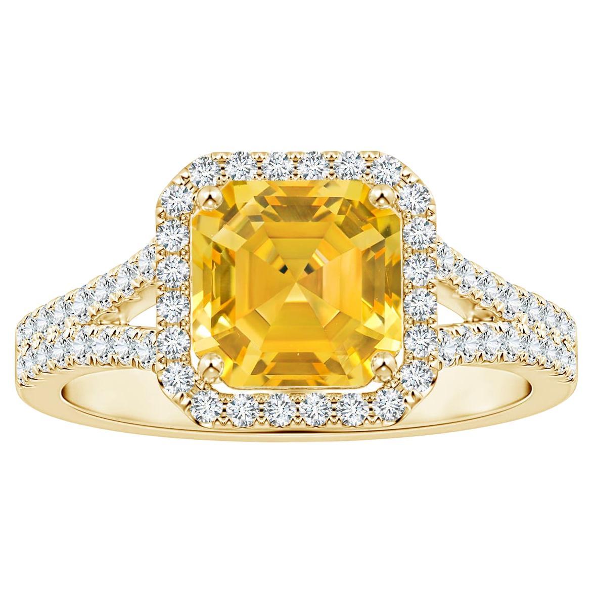 For Sale:  ANGARA GIA Certified Emerald-Cut Yellow Sapphire Halo Ring in Yellow Gold