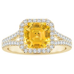 ANGARA GIA Certified Emerald-Cut Yellow Sapphire Halo Ring in Yellow Gold 