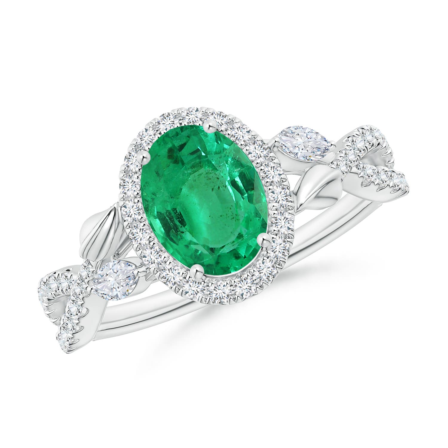 Im Angebot: ANGARA GIA zertifizierter Smaragd-Ring aus Platin mit gedrehtem Weinreben-Diamant-Halo ()