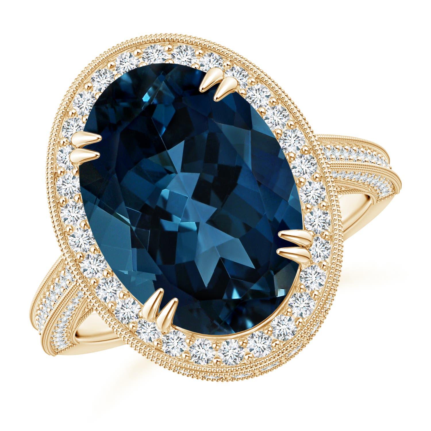 Angara GIA-zertifizierter Londoner Blauer Topas-Halo-Ring aus Gelbgold mit Milgrain () 2