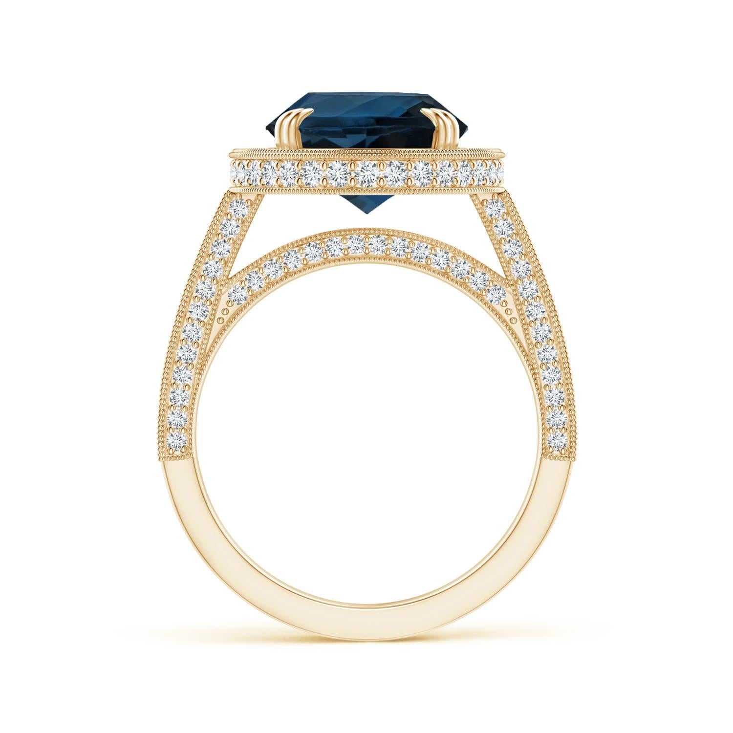 Angara GIA-zertifizierter Londoner Blauer Topas-Halo-Ring aus Gelbgold mit Milgrain () 3