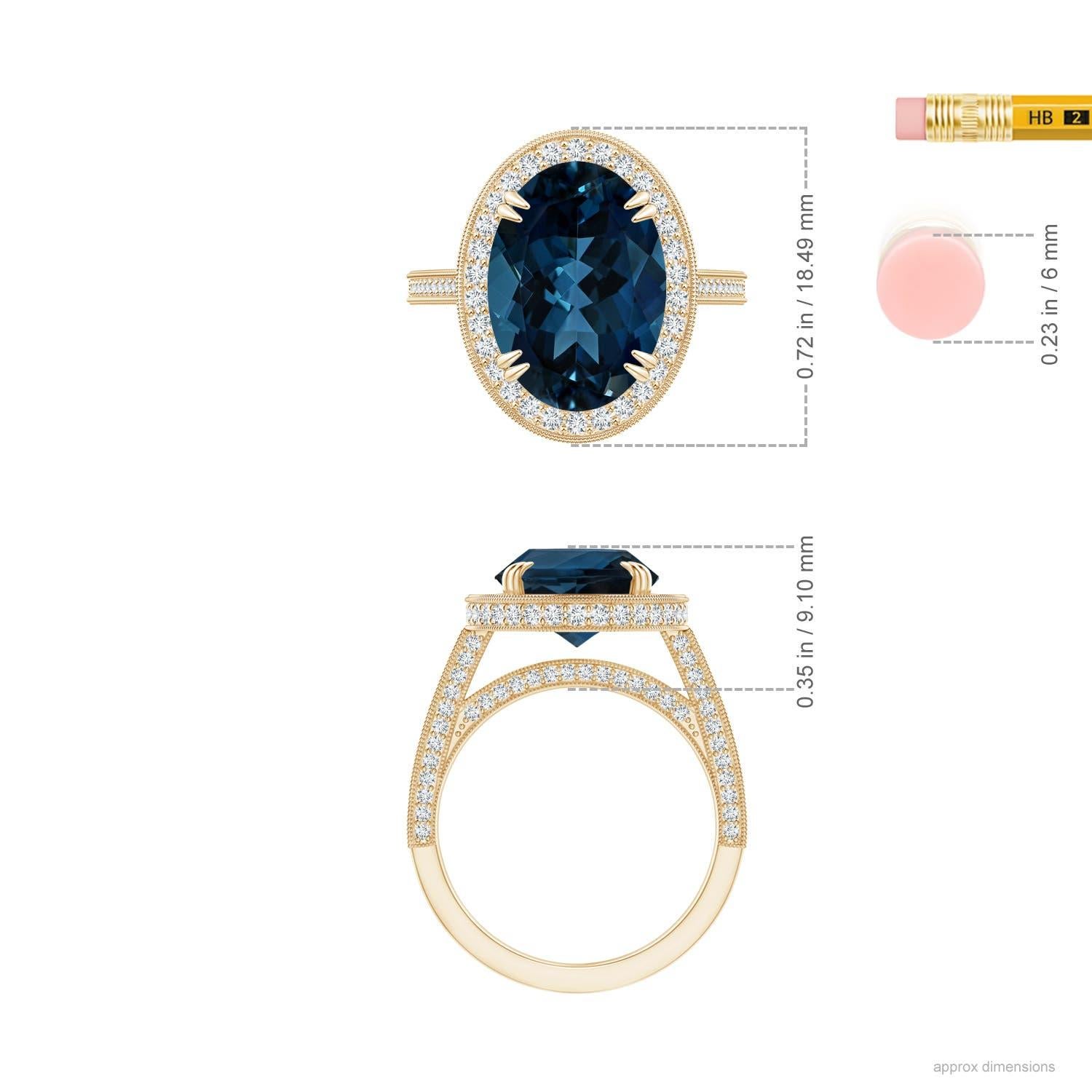 Angara GIA-zertifizierter Londoner Blauer Topas-Halo-Ring aus Gelbgold mit Milgrain () 6