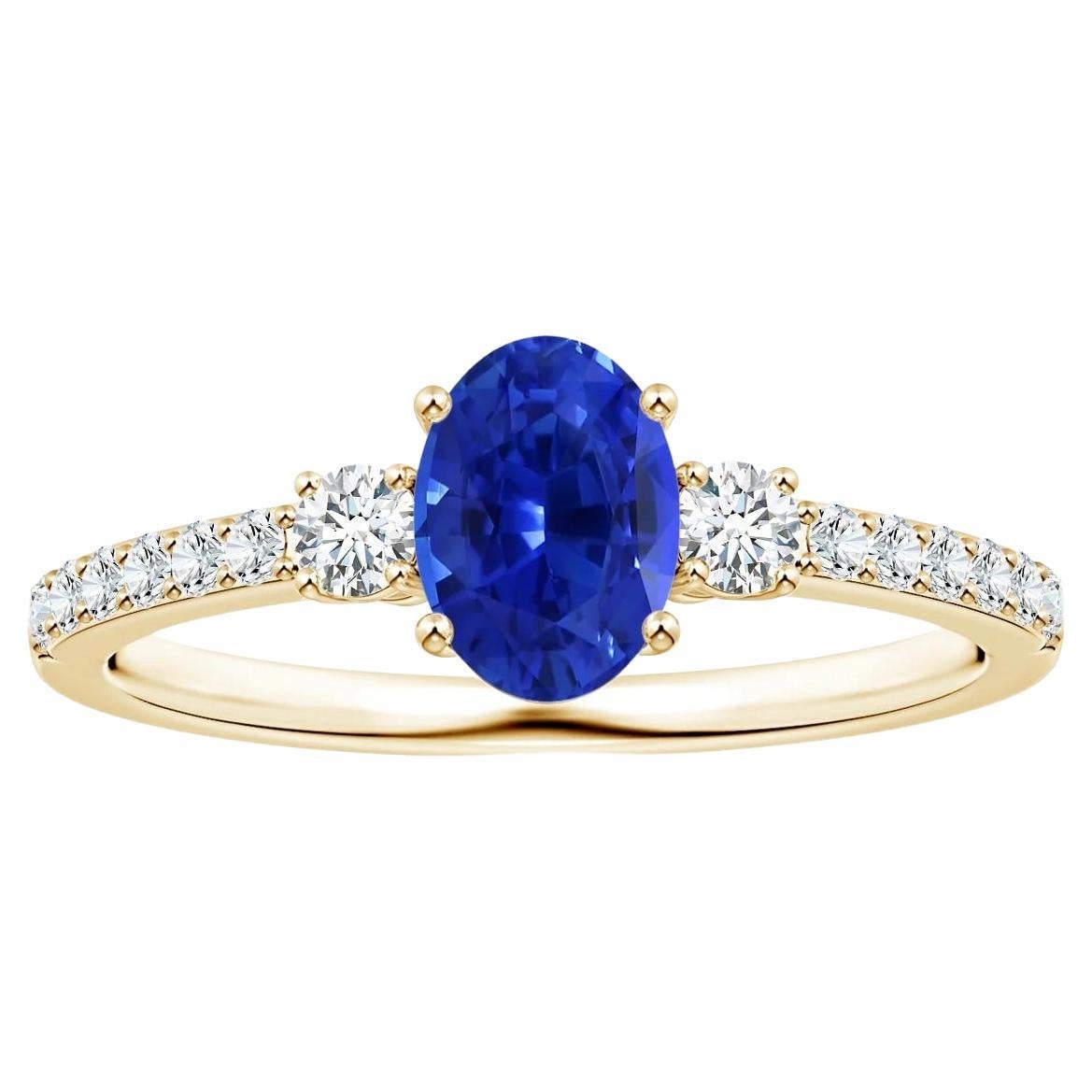 ANGARA GIA zertifizierter natürlicher 3-Stein-Blauer Saphir & Diamant-Ring aus Gelbgold