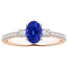 Angara Gia Certified Natural 3-Stone Blue Sapphire Rose Gold Ring with Diamonds