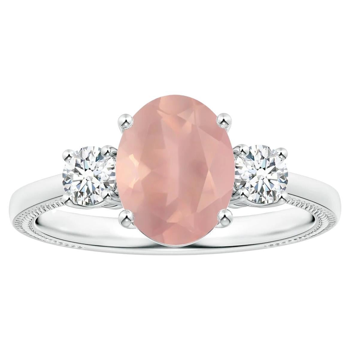 En vente :  Angara Gia Bague en platine avec quartz rose ovale à 3 pierres certifié naturel