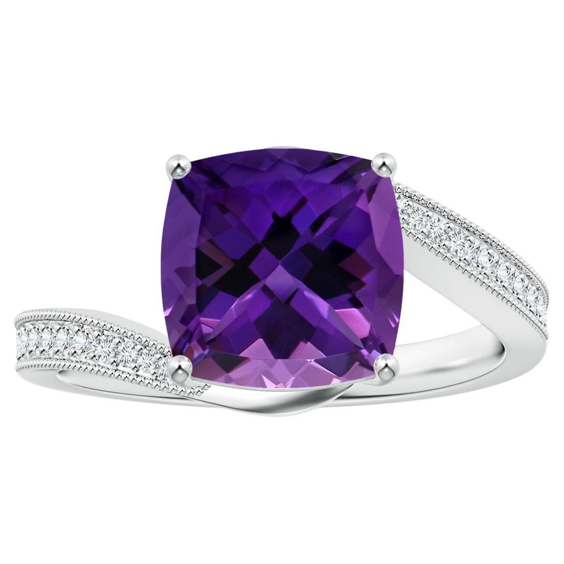 For Sale:  GIA Certified Natural Amethyst Bypass Ring in White Gold with Milgrain