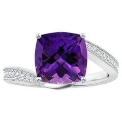 GIA Certified Natural Amethyst Bypass Ring in White Gold with Milgrain