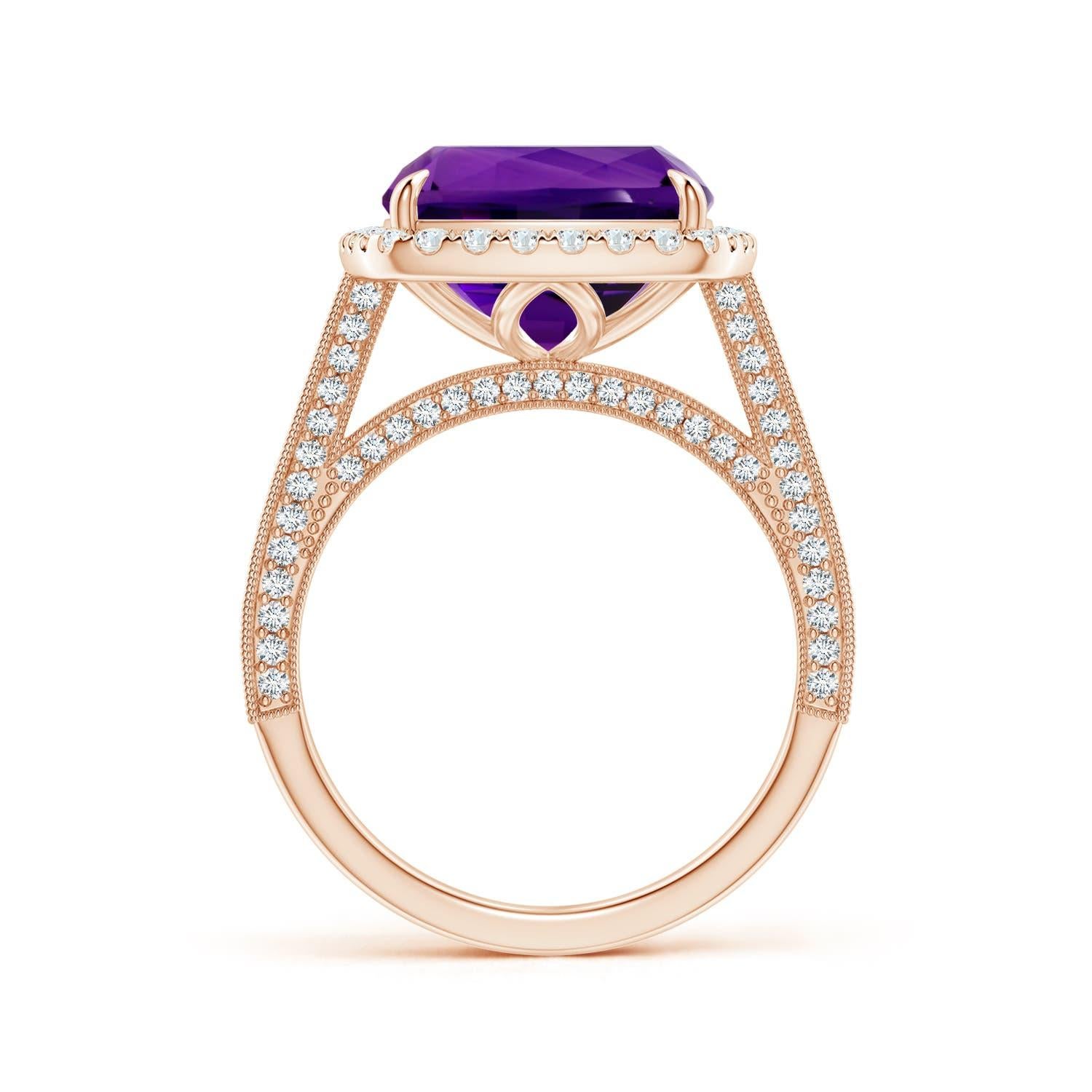 Angara GIA Certified Natural Amethyst Halo Ring in Rose Gold with Milgrain 2