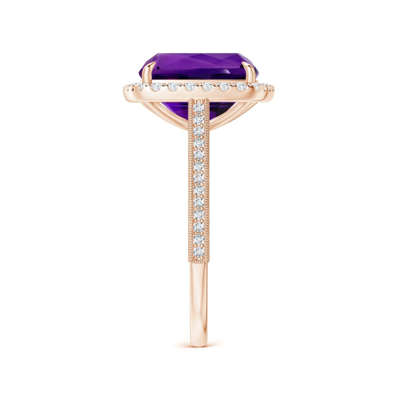 Angara GIA Certified Natural Amethyst Halo Ring in Rose Gold with Milgrain 4