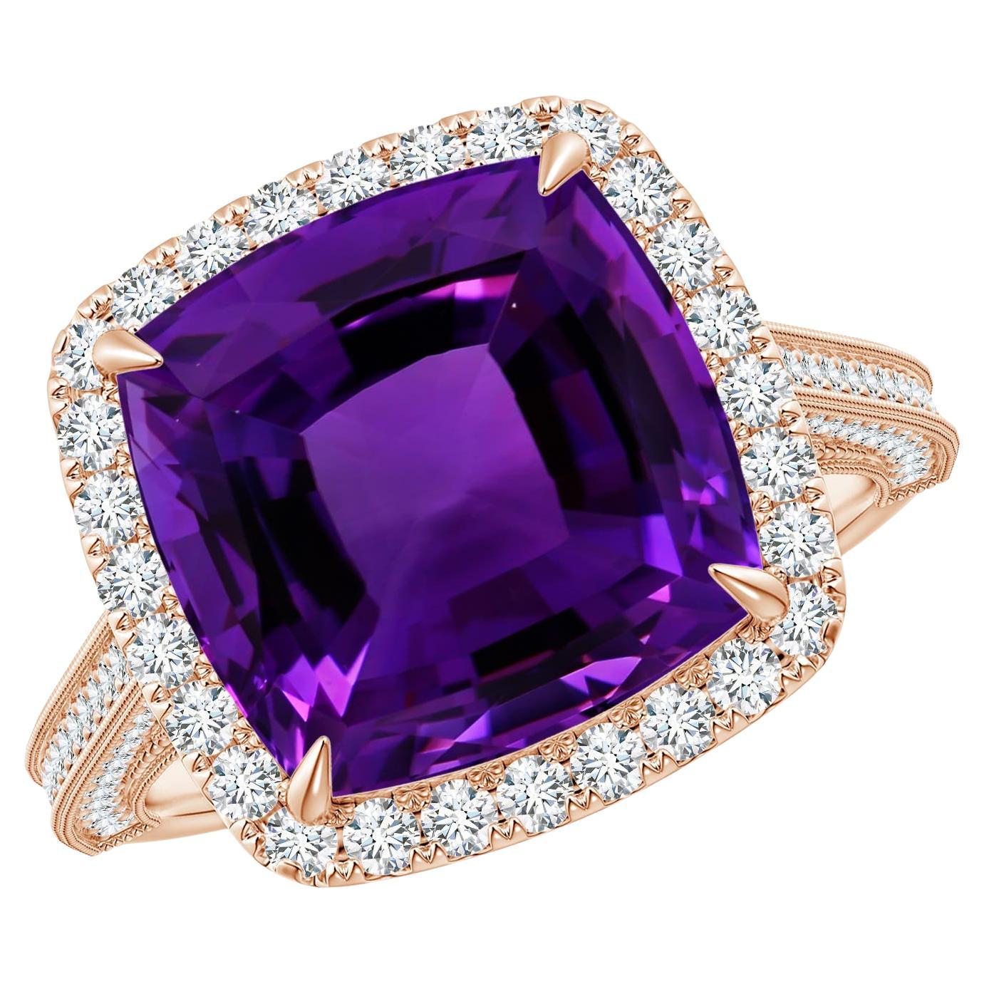 Angara GIA Certified Natural Amethyst Halo Ring in Rose Gold with Milgrain