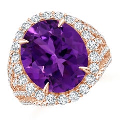 Angara, bague halo d'améthyste naturelle de 5,25 carats certifiée par le GIA et diamants en or rose