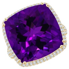 GIA Certified Natural Amethyst Ring in Yellow Gold with Diamond Halo
