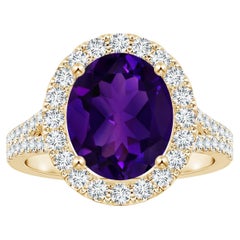 GIA Certified Natural Amethyst Ring in 14K Yellow Gold with Diamond Halo